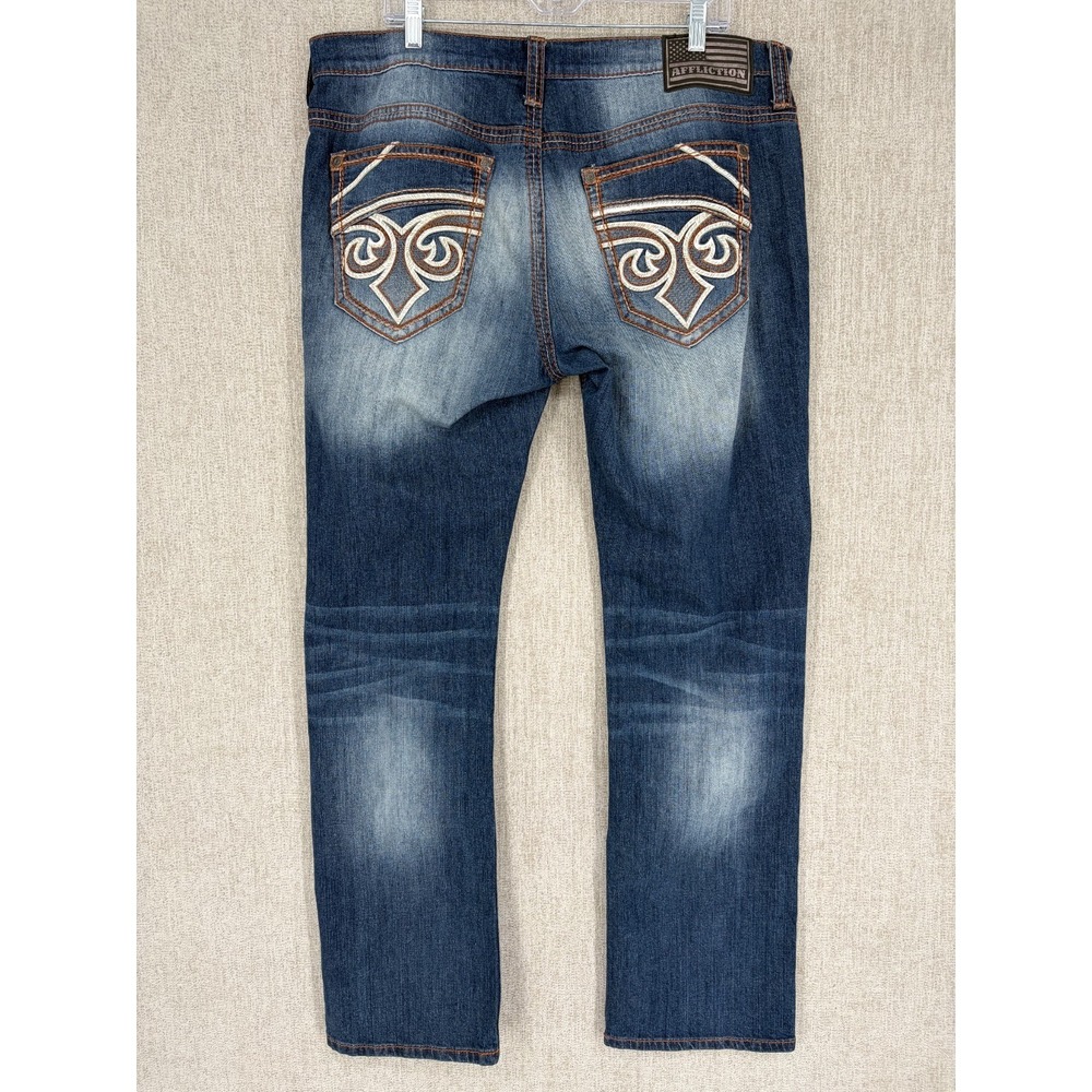 Affliction Jean Men 36 Blue Ace Straight Whisker Embroidered Thick Stitch Grunge